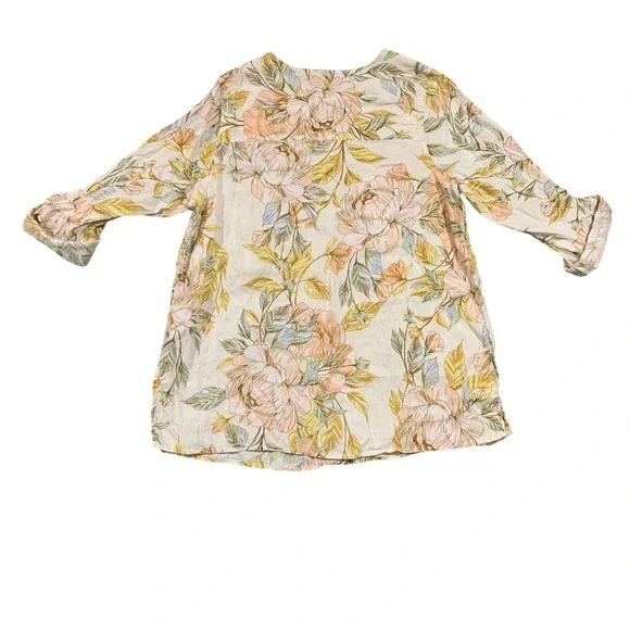 Nicole Miller New York 100% Linen Floral Button Up Tunic Blouse Cream Pink 1X - Picture 6 of 6